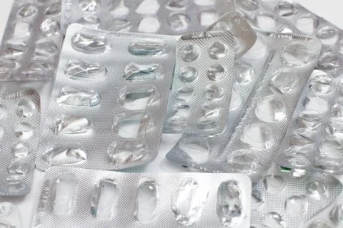 Group of empty pill blister pack closeup 스톡 사진