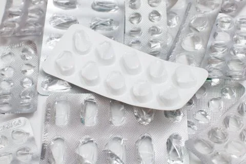 Group of empty pill blister pack closeup Stock Photos