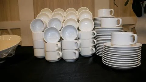 Group of empty white cup stacking in pile 01 Stock Photos