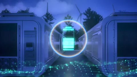 Group of energy storage systems or battery container units with digital graphic  Stock Footage 310659601