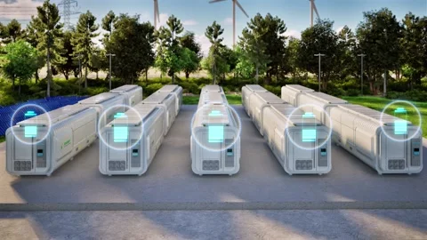 Group of energy storage systems or battery container units with digital graphic  Stock Footage 310659603