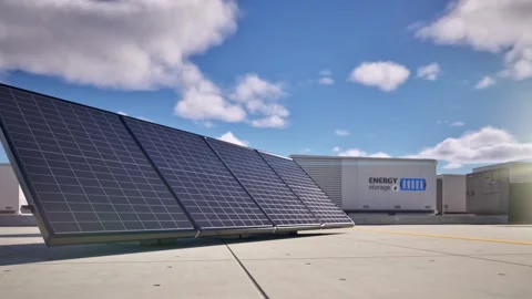 Group of energy storage systems or battery container units with solar panels 4k  Video stock 315427826