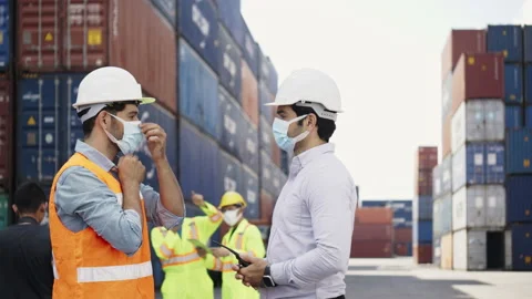 Group Engineer and constructor wearing medical mask Stock Footage 141061435