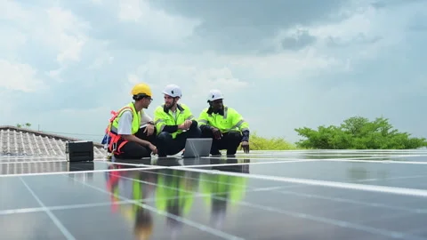 Group of engineer and technician inspects solar panel installation and test Stock Footage 282754933