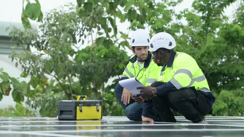 Group of engineer and technician inspects solar panel installation and test Stock Footage 282757158