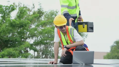 Group of engineer and technician inspects solar panel installation and test Stock Footage 282758418