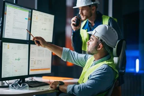 Group of  engineer control process of production uses computer Stock Photos
