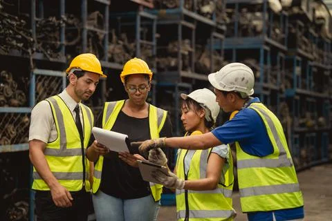 Group of engineer industry worker team working together help solving problem  Stock Photos