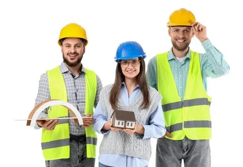 Group of engineers with 3D models on white background Stock Photos