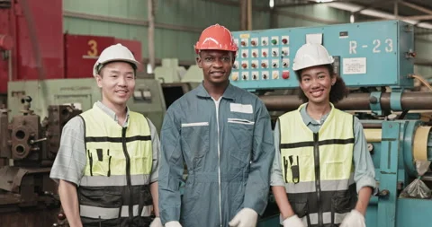 Group of engineers and workers standing happily  while working in a factory Stock Footage 255107379