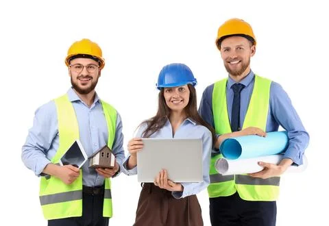 Group of engineers with gadgets and house model on white background Stock Photos