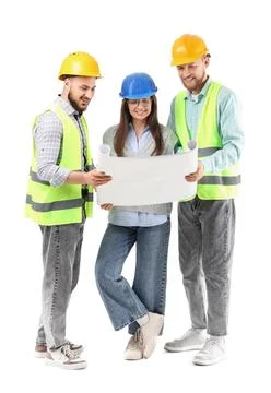 Group of engineers with house plan on white background Stock Photos