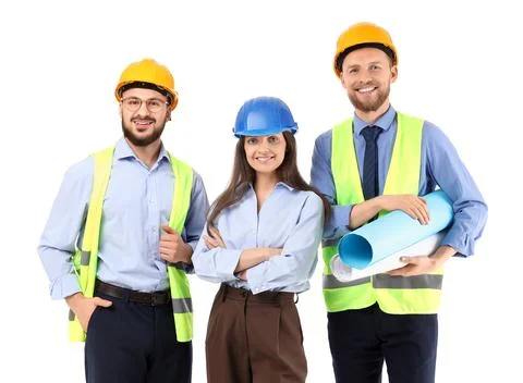 Group of engineers with house plans on white background Stock Photos