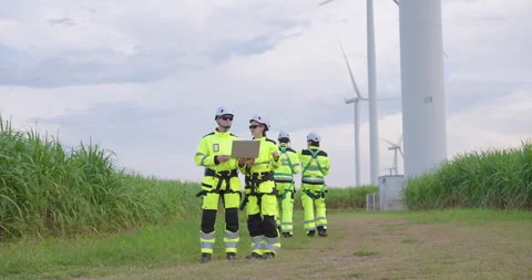 Group of engineers in reflective clothing coordinating inspection of wind Video stock 321047354
