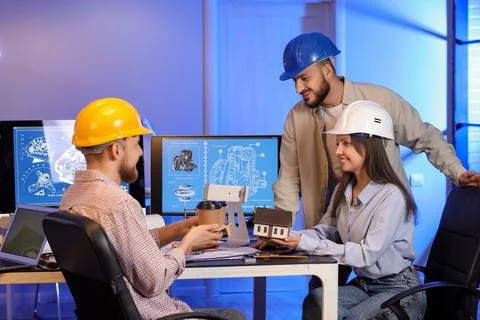 Group of engineers working in office at night Stock Photos