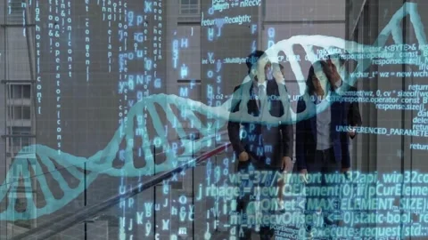 Group entering hall, walking toward camera with hovering DNA and cascading text Stock Footage 334040369