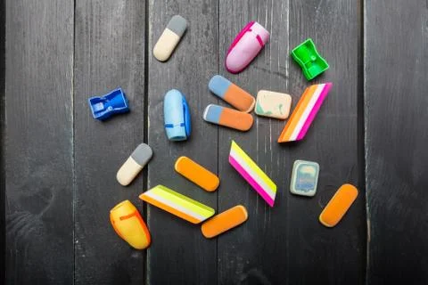 Group of erasers, closeup Stock Photos