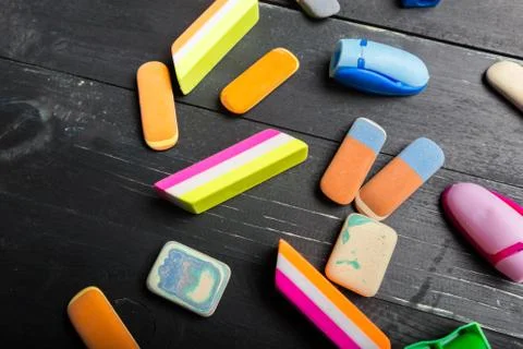 Group of erasers, closeup Stock Photos