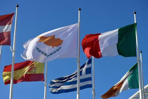 Group of EU flags Stock Photos