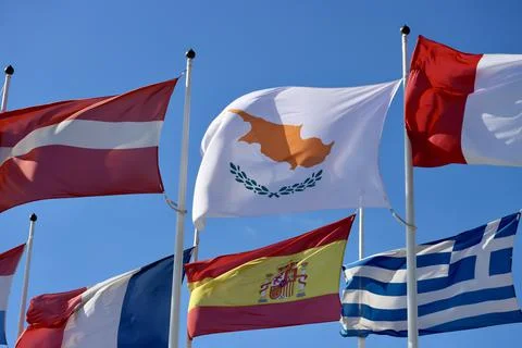 Group of EU flags Foto stock