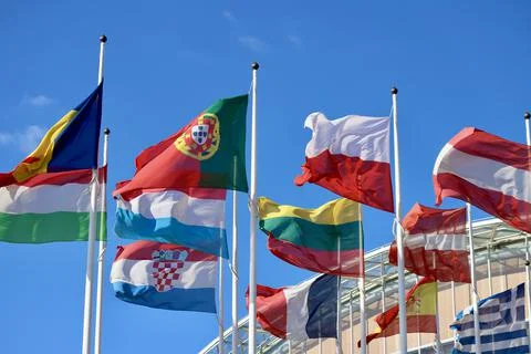 Group of EU flags Stock Photos