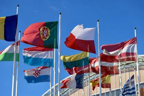 Group of EU flags Stock Photos