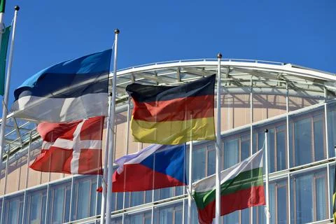 Group of EU flags Stock Photos