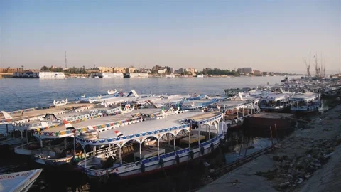 A Group Of Excursion Motor Boats Docked On The Nile River (Luxor, Egypt) Stock Footage 226331960