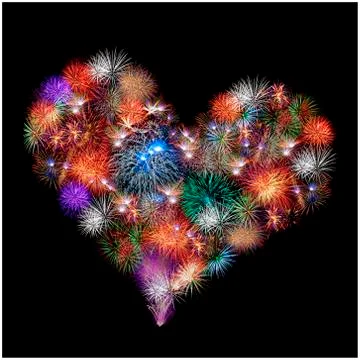 A group of exploding fireworks shaped like a heart. Illustrazione stock