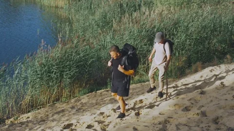 Group of explorers meanders past lakeshore flora, Group of trekkers saunters Stock Footage 323492768