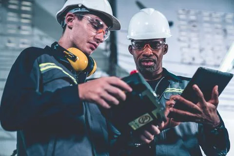 Group of factory job workers using adept machine equipment in a workshop Stock Photos