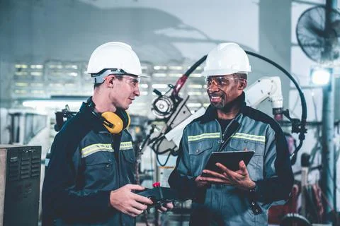 Group of factory job workers using adept machine equipment in a workshop Stock Photos