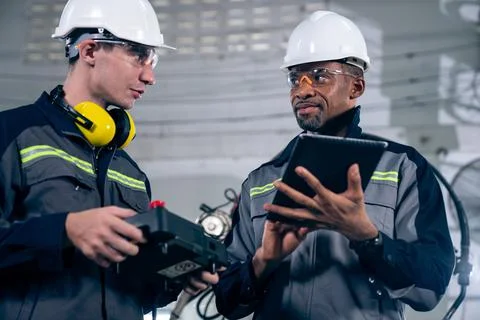 Group of factory job workers using adept machine equipment in a workshop Stock Photos