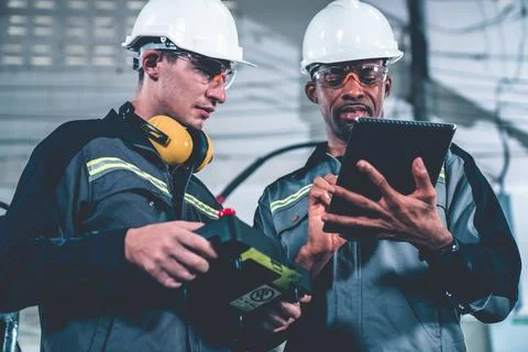 Group of factory job workers using adept machine equipment in a workshop Stock Photos