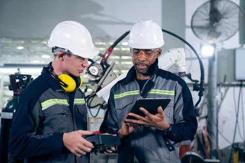 Group of factory job workers using adept machine equipment in a workshop Stock Photos