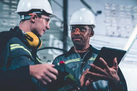 Group of factory job workers using adept machine equipment in a workshop Stock Photos