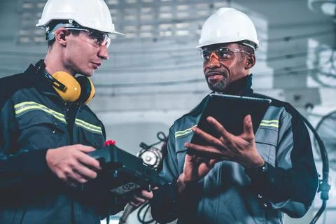 Group of factory job workers using adept machine equipment in a workshop Stock Photos