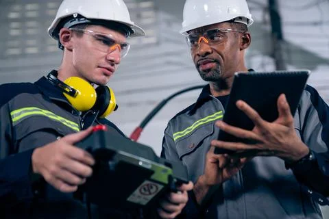 Group of factory job workers using adept machine equipment in a workshop Stock Photos