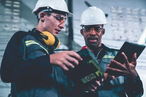 Group of factory job workers using adept machine equipment in a workshop Stock Photos