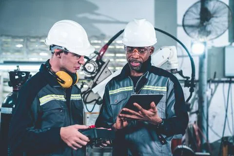 Group of factory job workers using adept machine equipment in a workshop Stock Photos