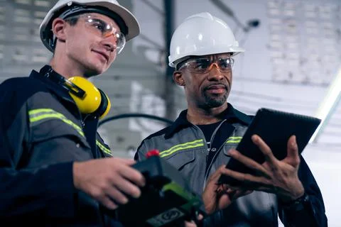 Group of factory job workers using adept machine equipment in a workshop Stock Photos