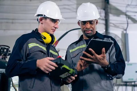 Group of factory job workers using adept machine equipment in a workshop Stock Photos