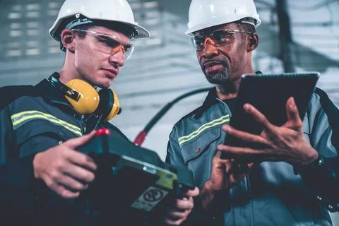 Group of factory job workers using adept machine equipment in a workshop Stock Photos