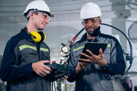 Group of factory job workers using adept machine equipment in a workshop Stock Photos