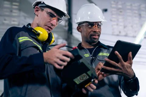 Group of factory job workers using adept machine equipment in a workshop Stock Photos