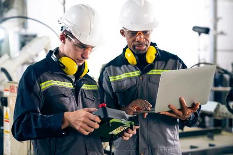Group of factory job workers using adept machine equipment in a workshop Stock Photos
