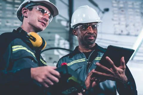 Group of factory job workers using adept machine equipment in a workshop Stock Photos