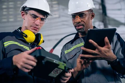 Group of factory job workers using adept machine equipment in a workshop Stock Photos