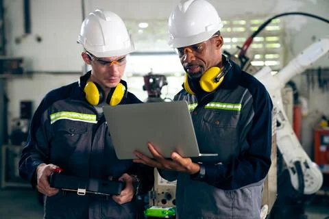 Group of factory job workers using adept machine equipment in a workshop 写真素材
