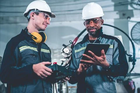 Group of factory job workers using adept machine equipment in a workshop Stock Photos